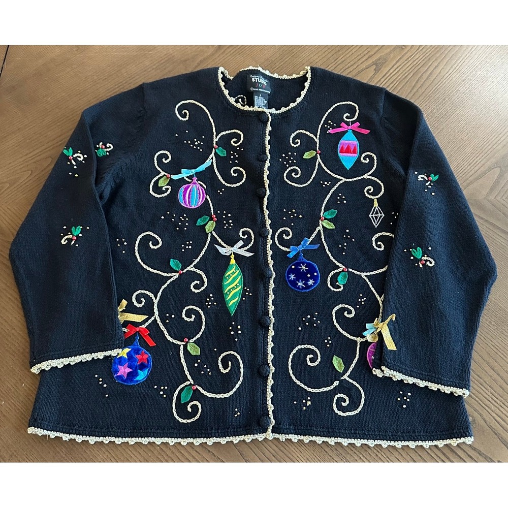 Designers Originals Studio Joy Christmas Cardigan Sweater Black Ornament Large